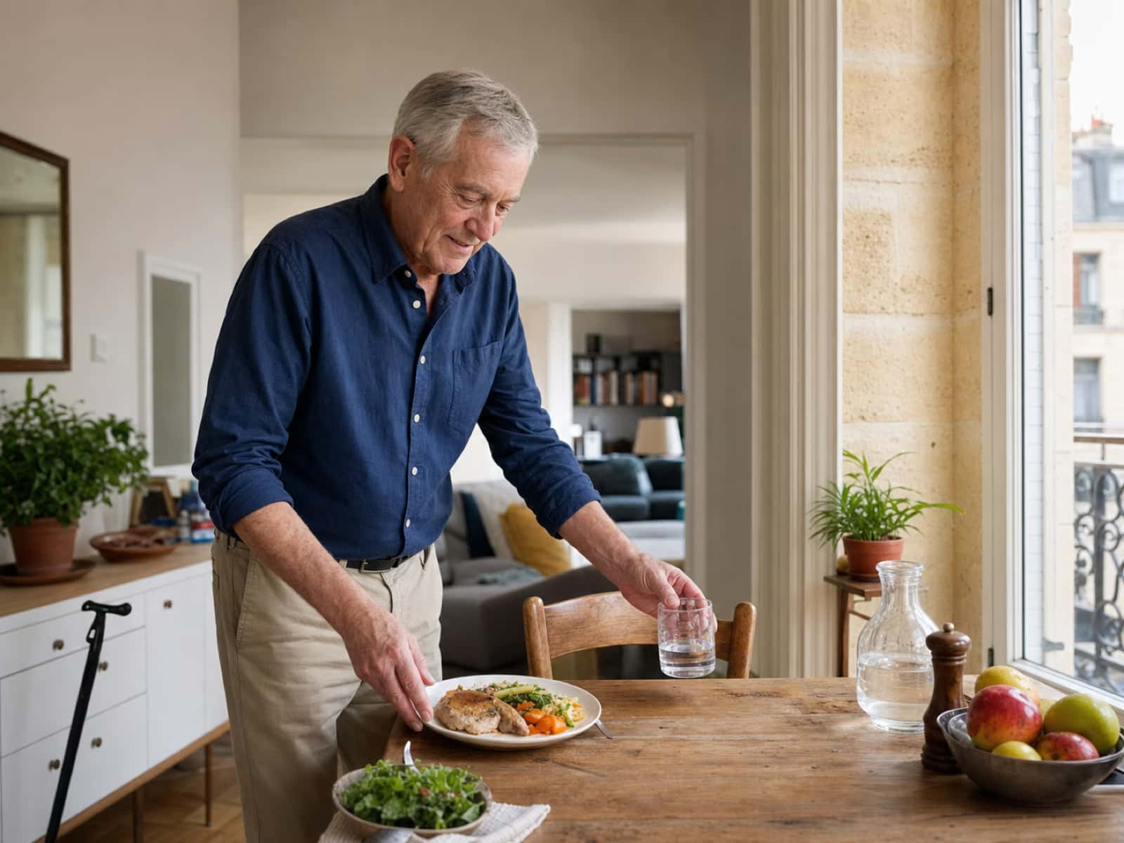 Un senior autonome prépare sa table pour prendre son repas à domicile