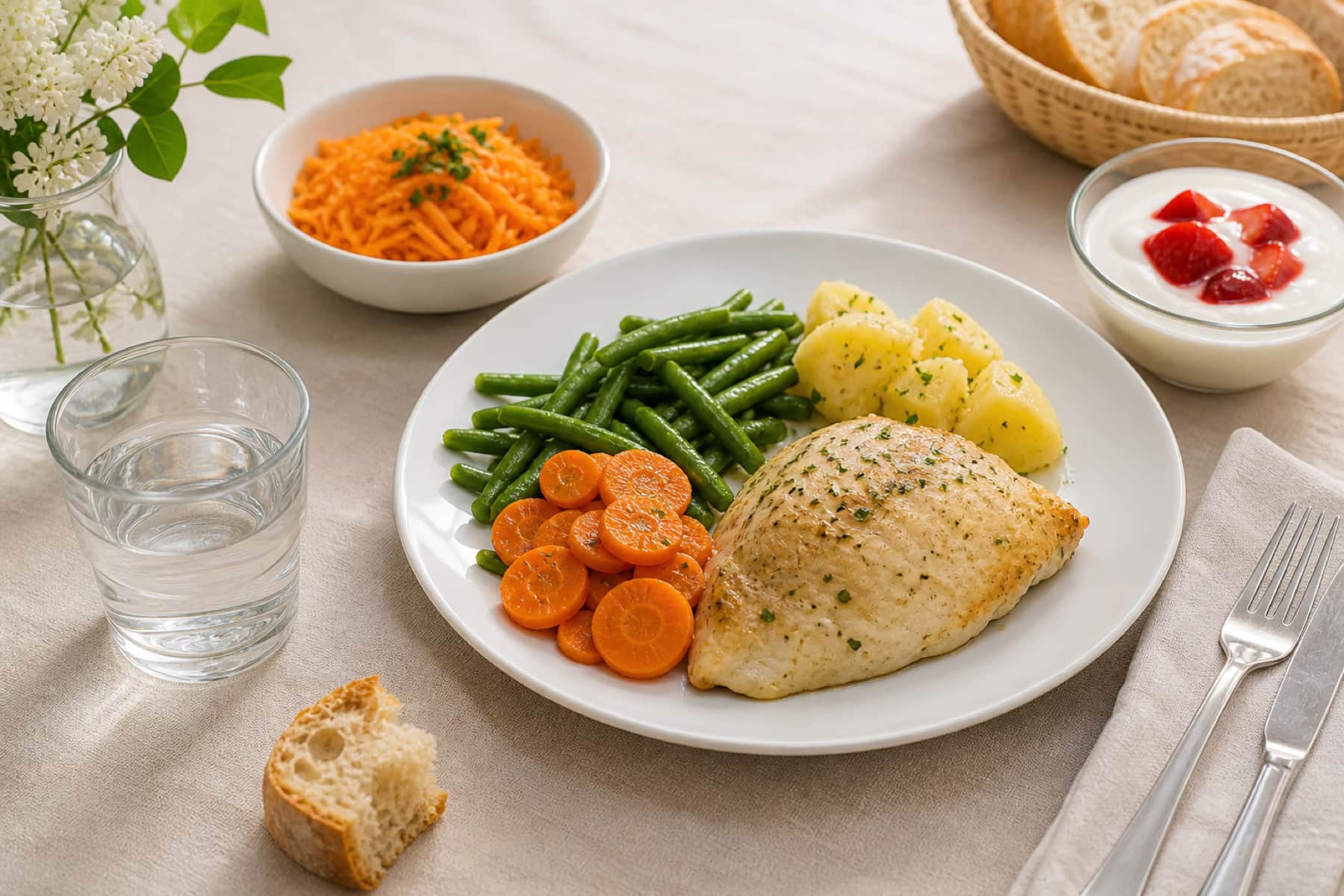 Un repas complet et coloré servi à table dans un intérieur lumineux